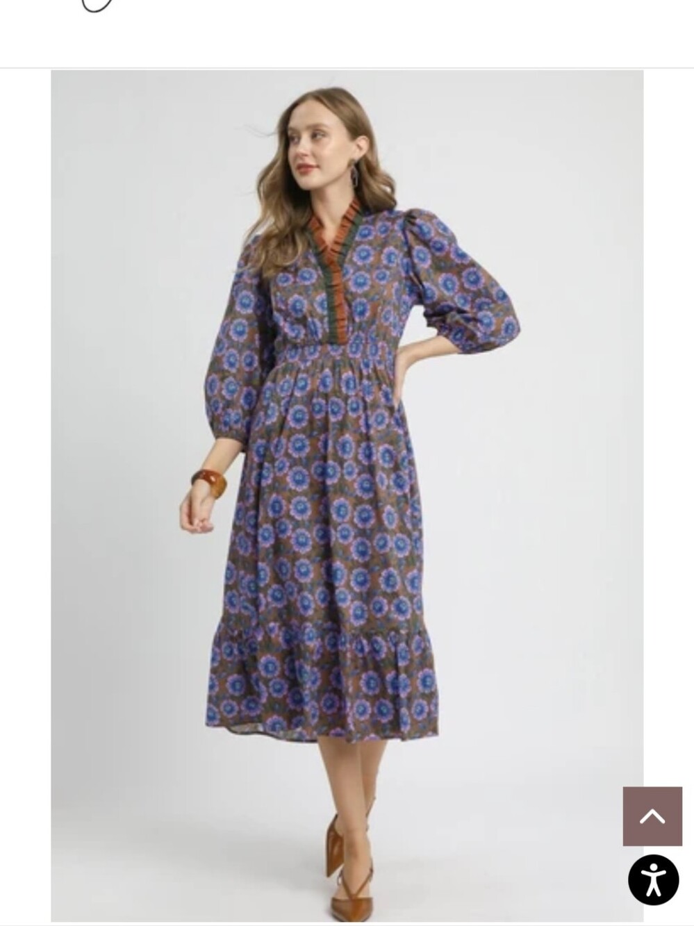 Umgee Brown Dress with Blue Floral Print and Rust Trim